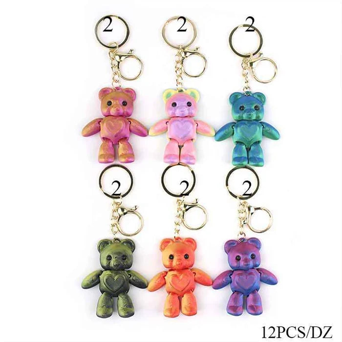 3D Printed Teddy Bear Keychain Set (12-Pack) – Iridescent Metallic Heart Bear Keyrings, Bulk Party Favors & Backpack Charms (7cm) (KBC-0763)