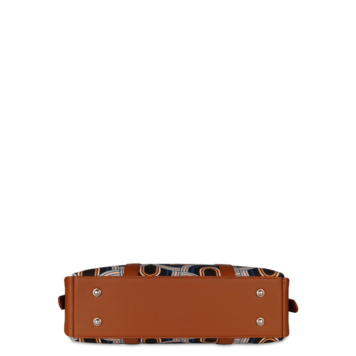 Handcrafted abstract printed canvas laptop tote bag with padded laptop compartment and vegan leather straps for office, travel and daily use-bottom view