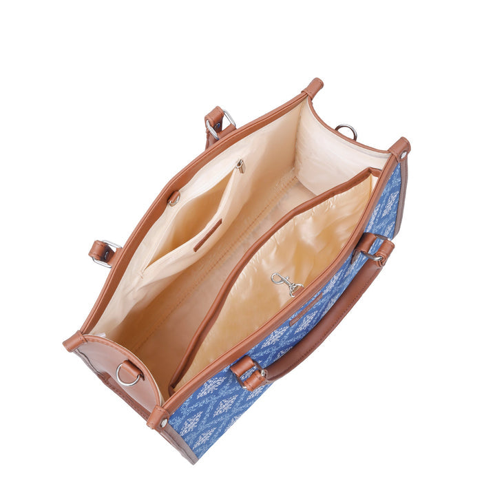 Handcrafted blue printed canvas top‑handle laptop tote bag with padded laptop compartment and shoulder strap for travel, work and everyday use-inner view