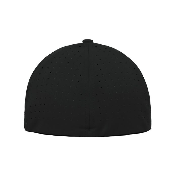The Bogeyman Black Performance Golf Hat is a stretch fit cap with a smooth texture, small fabric-covered top button, and evenly spaced perforations for ventilation, shown from the back in black.