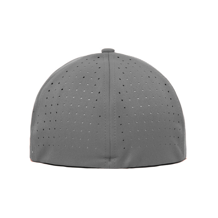 The Bogeyman Charcoal Performance Golf Hat is a gray, stretch-fit cap with evenly spaced ventilation holes, crafted from sweat stain resistant material for comfort and a fitted look when viewed from the back.