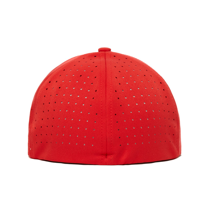 The Bogeyman Red Performance Golf Hat is a bright red, stretch-fit cap made of performance material with a perforated back for ventilation. It has a rounded crown, small top button, and a clean look with no visible logos or straps.