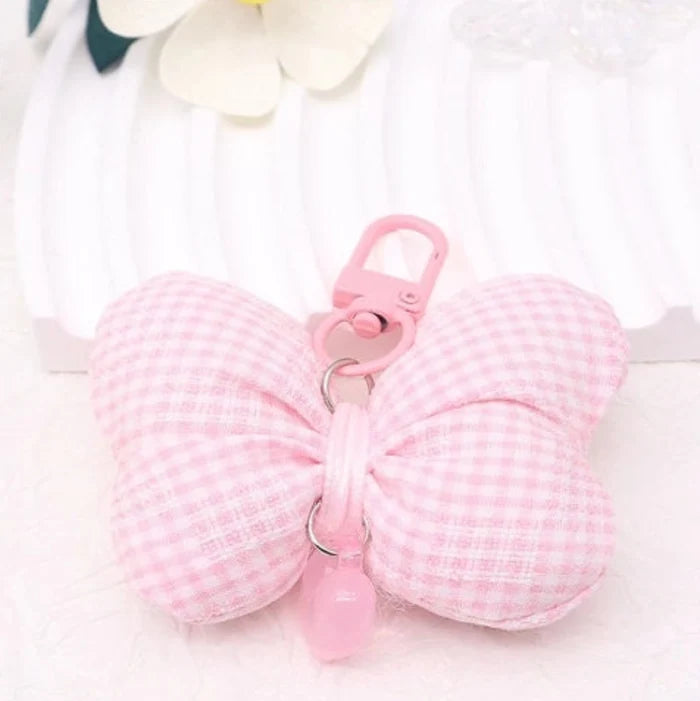 Cute Gingham Butterfly Keychain Plush Charm | Pastel Plaid Fabric Bag Accessory (AKY1311) (AKY1311)