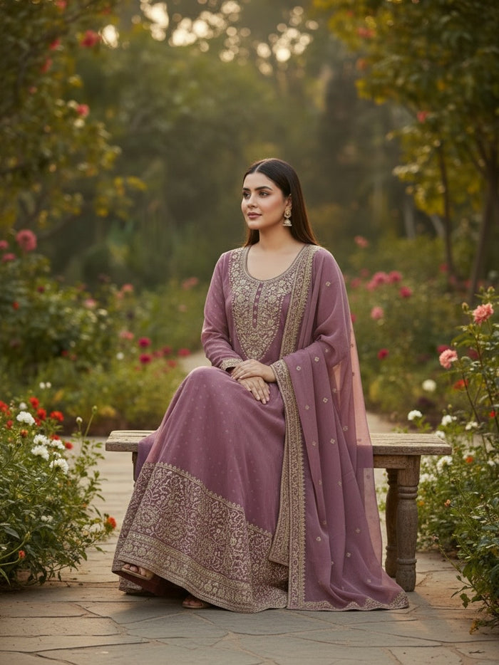 Kurti Connection USA mauve chiffon Anarkali kurta set with intricate embroidery, long sleeves, and matching dupatta.