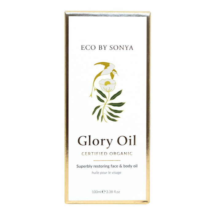 Eco by Sonya Glory Oil packaging with floral design on a white background.