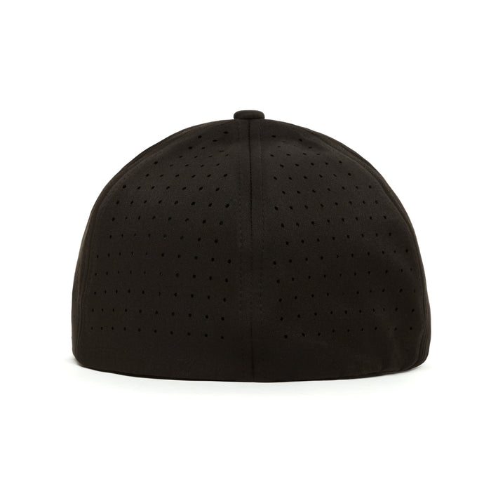 The I Never Pull Out - Performance Golf Hat - Stretch Fit is shown from the back in black, made of smooth performance material with ventilation holes, a stretchable band, top button, and a seamless design with no visible logos or straps.