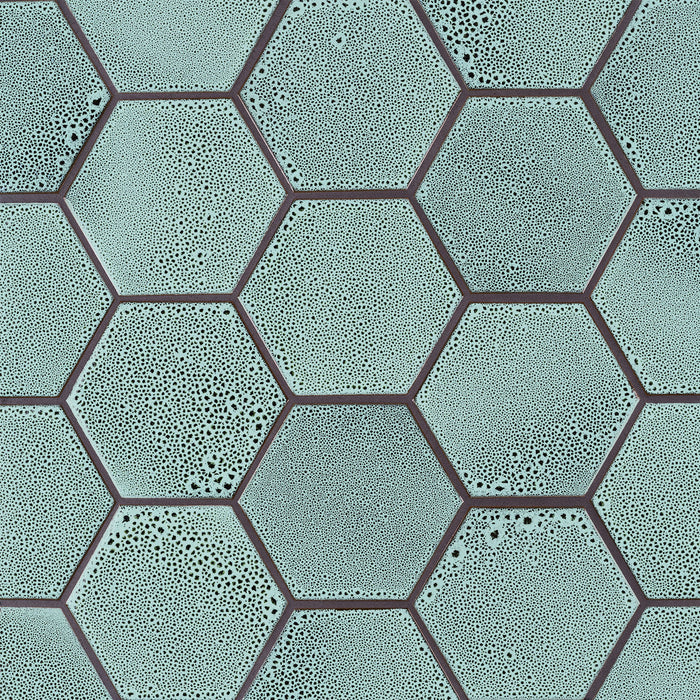 Caption: Classic Field 5" Hex in LG7 Opaque White - Antique Green. Truffle grout by Custom Building Products.