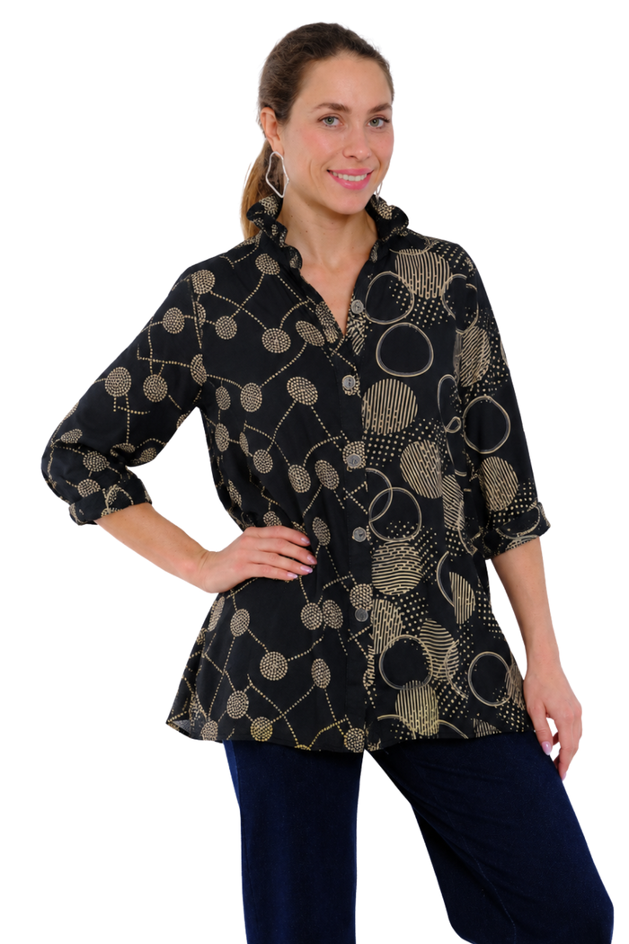 LIOR Women's DORA Black Tunic Blouse with Wire Collar, Black Beige Mix Print and Long Sleeves