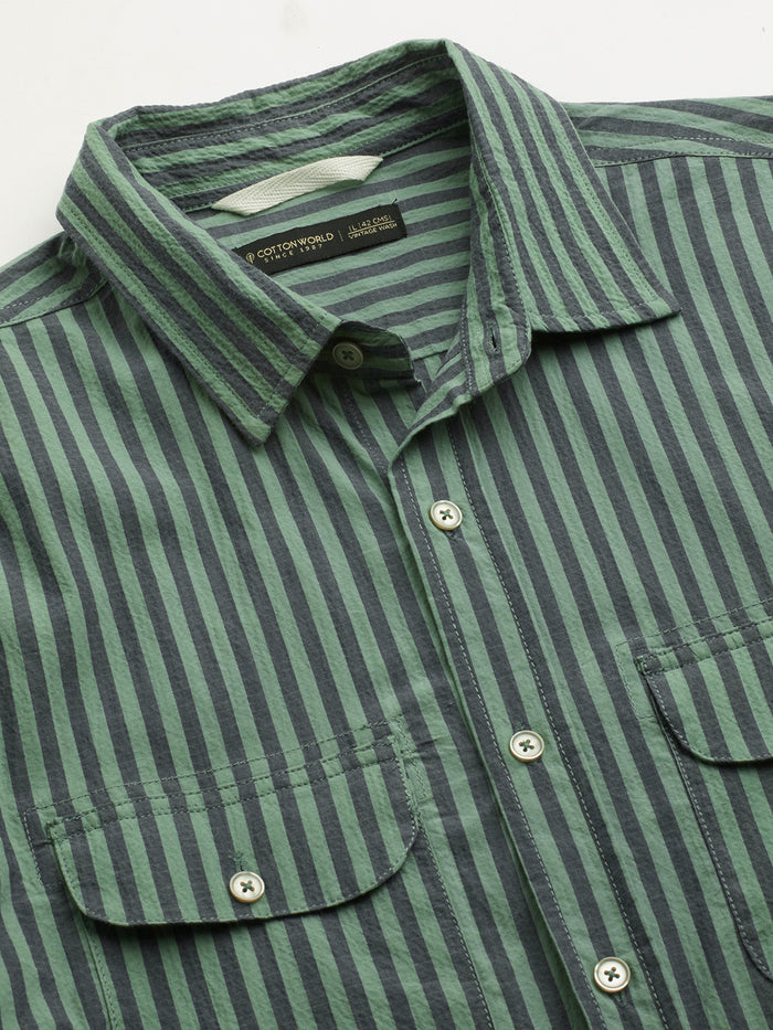 Men's Cotton Lycra Striped Regular Fit Shirt Green
