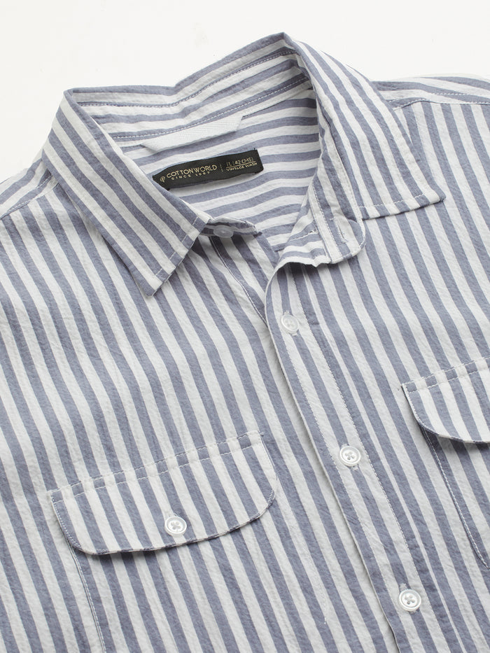 Men's Cotton Lycra Striped Regular Fit Shirt Navy