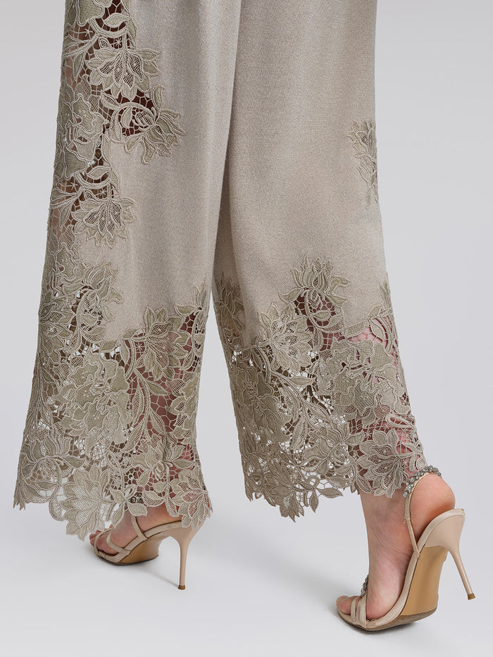 Metallic Knit Lace Trim Elastic-Waist Pants