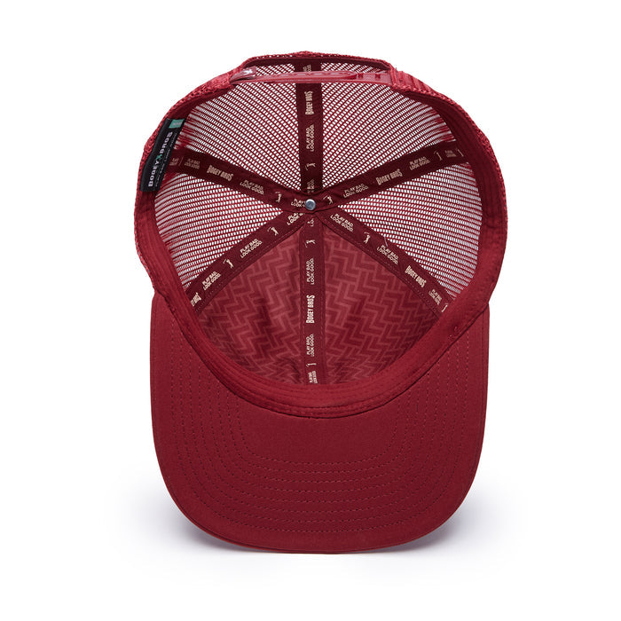 A top view of the Mulli Hit Another Mesh Trucker Hat - Snapback, showing its performance interior, mesh crown with zigzag patterns, maroon sweatband, dark maroon SUNDAY AFTERNOONS seams, and an outward-curving brim.