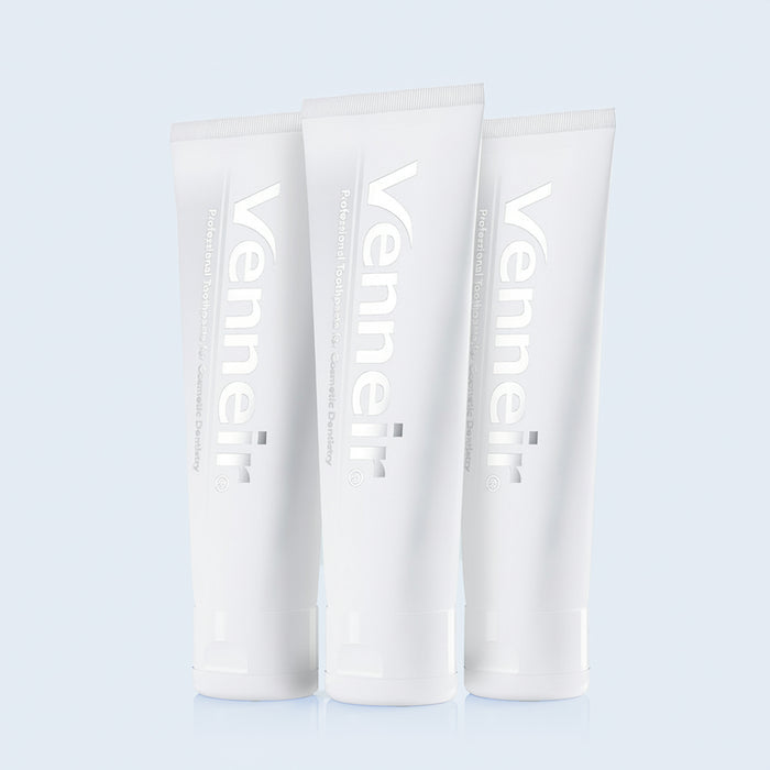Three pack non-abrasive toothpaste for veneers composite bonding and stain removal on blue background