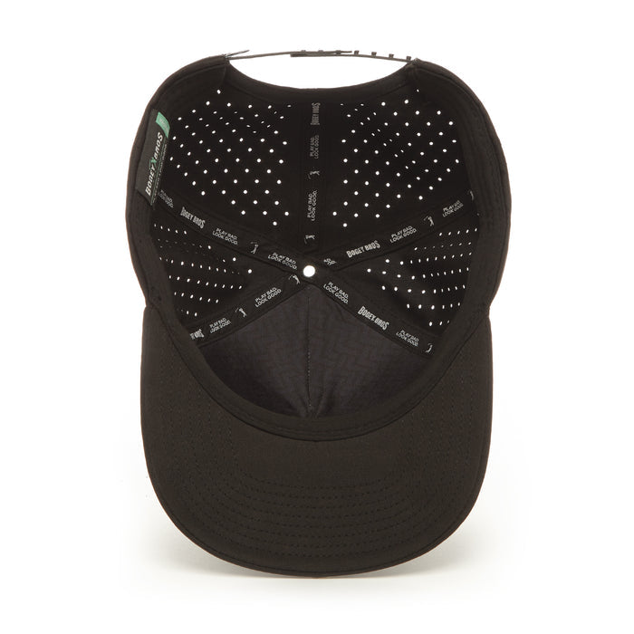 Close-up of the OB AF - Performance Golf Hat - Snapback in black, showing its perforated, sweat stain resistant sweatband and lined interior with vent holes. Visible stitching, labels, and a curved brim are featured.