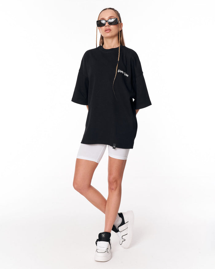 Women's Oversized Chest and Back 3D Printed Black T-Shirt with relaxed drop shoulder fit