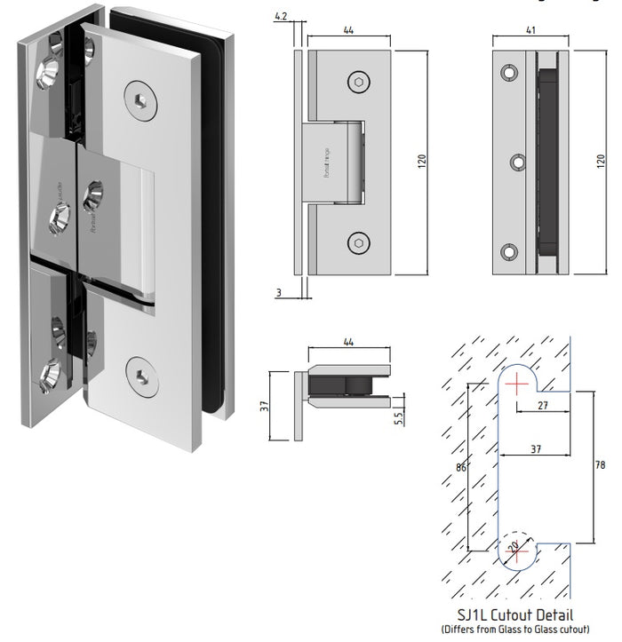 Portrait Glass to Wall Shower Screen Hinge to Suit 10mm Glass - Chrome - Image 3