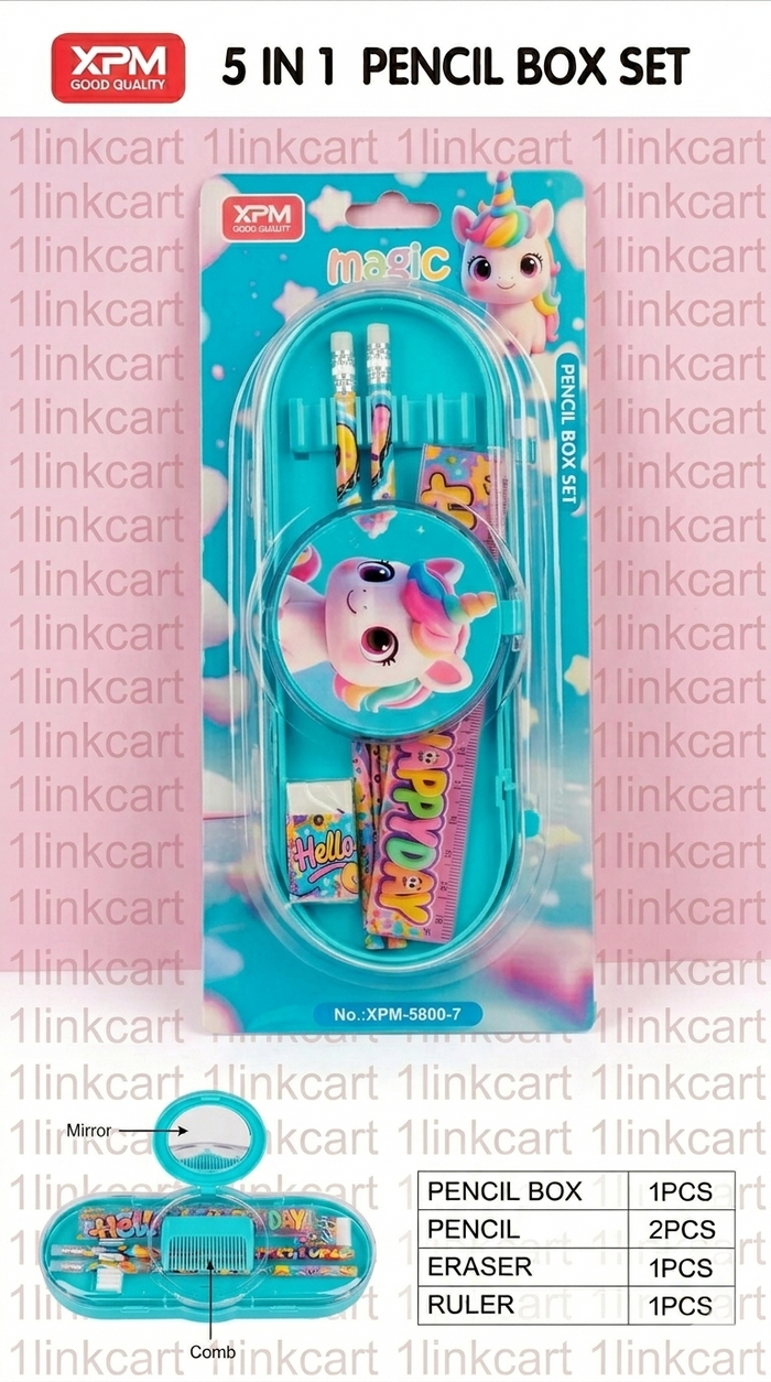 Close-up of the complete stationery kit including pencils, eraser, and "Happy Day" ruler.