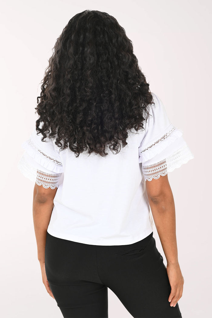 Woman wearing a white top with lace sleeves on a white background
