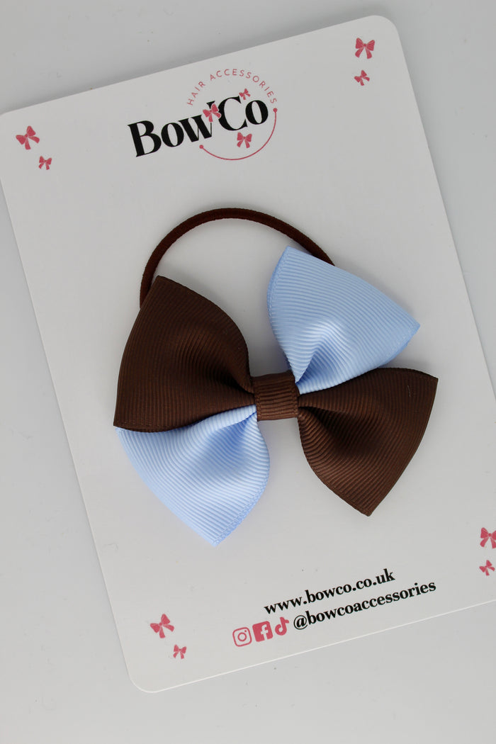 School Bow Bluebell and Brown - Twist Bow - Elastic