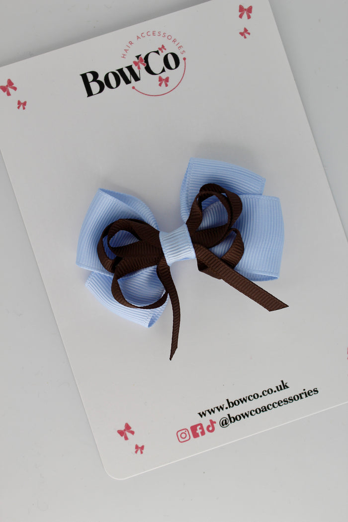 School Bow Double Bow - Clip - Bluebell and Brown