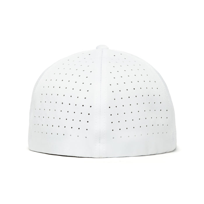 The Send It - Performance Golf Hat - Stretch Fit is a white cap shown from the back, with a dome shape and evenly spaced perforations for ventilation. Made from performance material, it has no visible logos, text, or adjustment strap.
