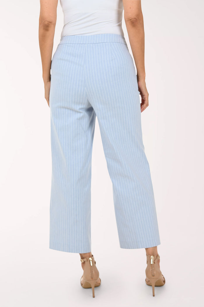 A model wearing light blue and white pinstriped cropped wide-leg pants with beige strappy heeled sandals, shown from the waist down against a plain white studio background.