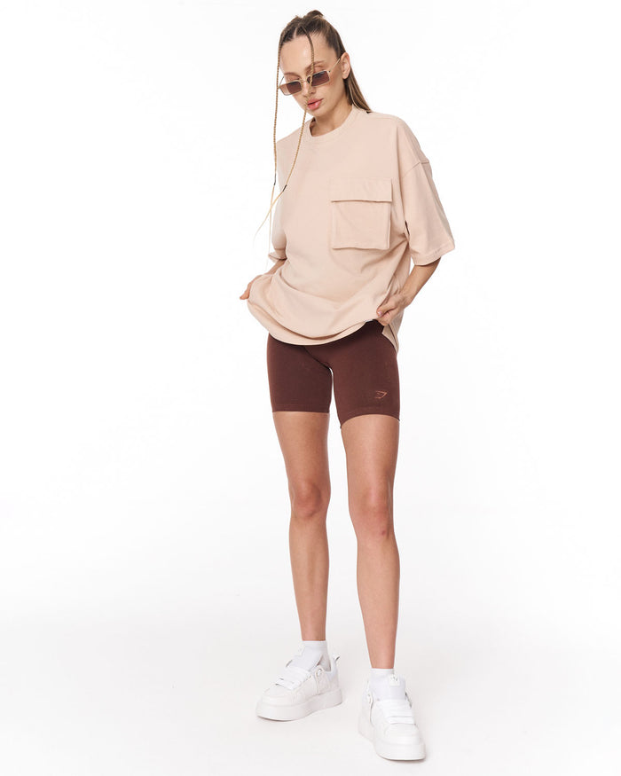 Utility Pocket Beige Oversized T-Shirt with casual pocket detail