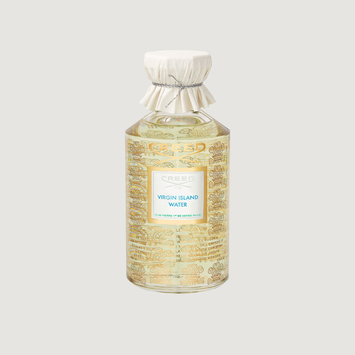 Virgin Island Water 490ml Flacon - Gold Royal Crest Glass with Leather Cap, Front View | Creed Fragrances