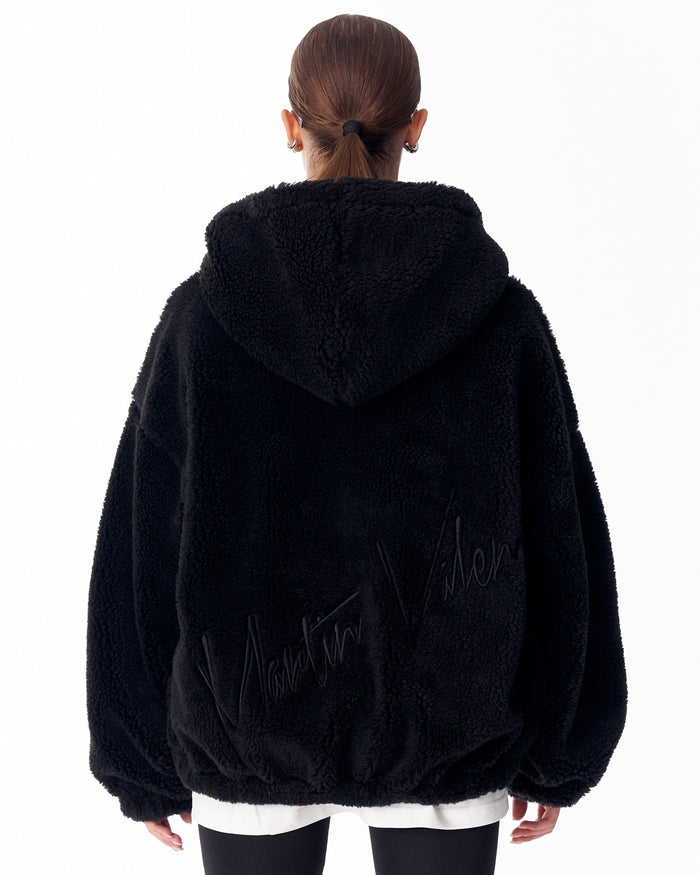 Women's Black Plush Zipper Hoodie With Embroidery Print (8)