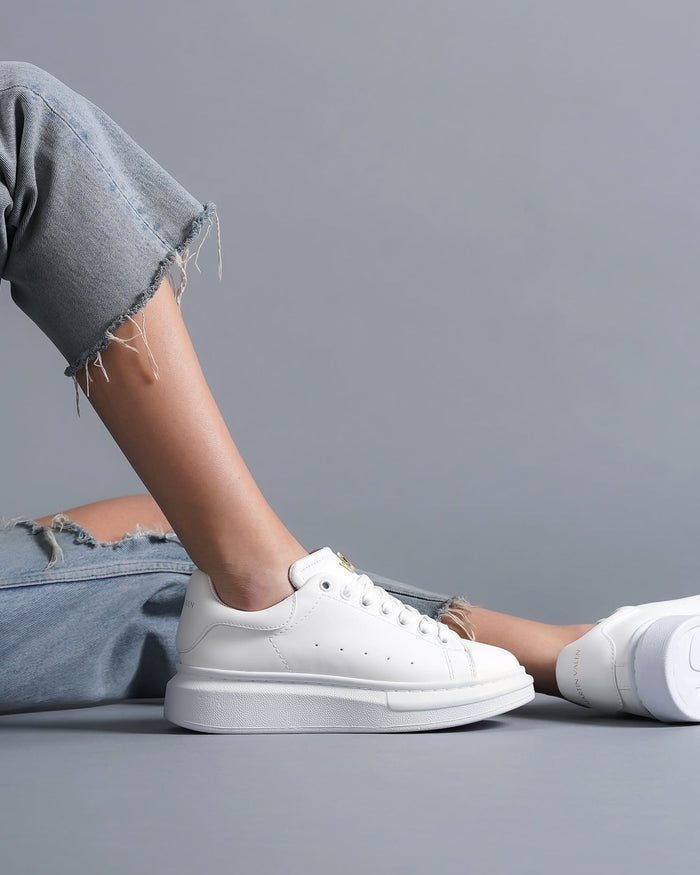 Women’s Chunky Sneakers with Gold Crown in Full White (8)