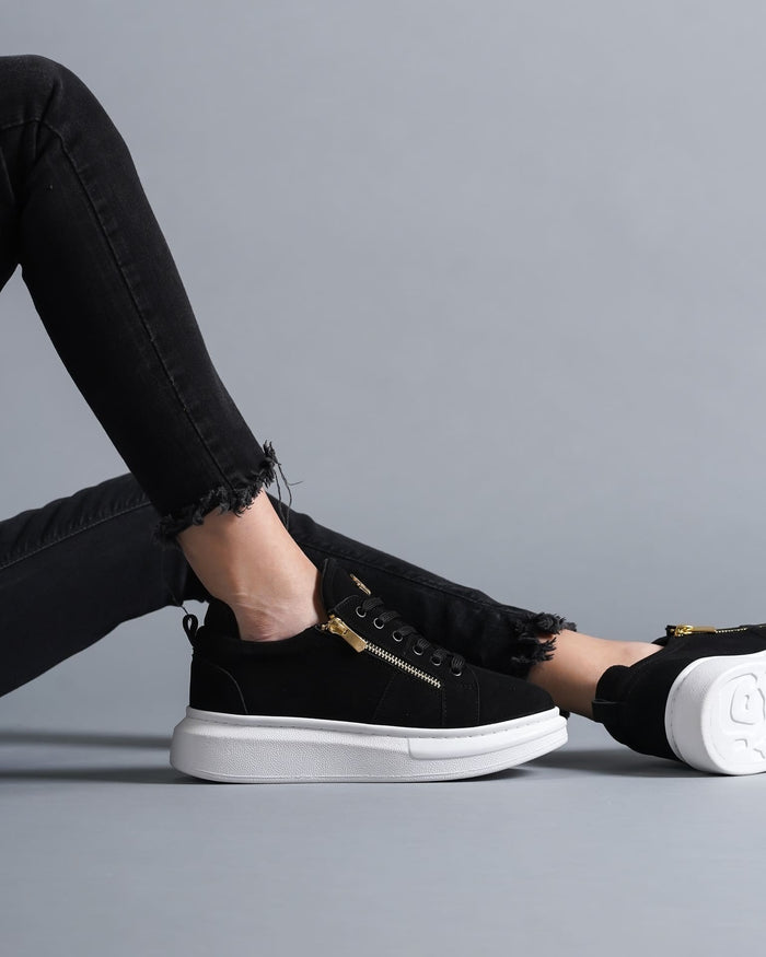 Women's Chunky Suede Sneakers with Gold Zipper in Black (8)