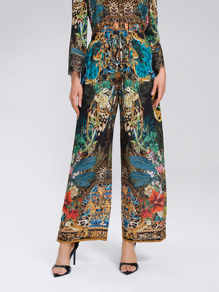 100% Silk Leopard Floral Wide Leg Pants