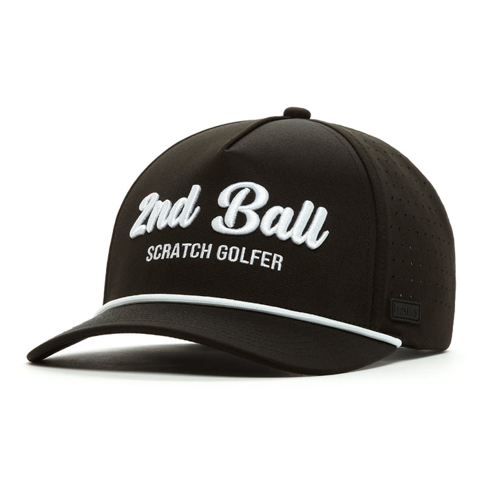 The 2nd Ball Scratch Golfer Performance Golf Rope Hat is a black snapback with “2nd Ball” in bold white script and “SCRATCH GOLFER” below, featuring a curved bill, sweat-resistant fabric, white piping, and side ventilation.
