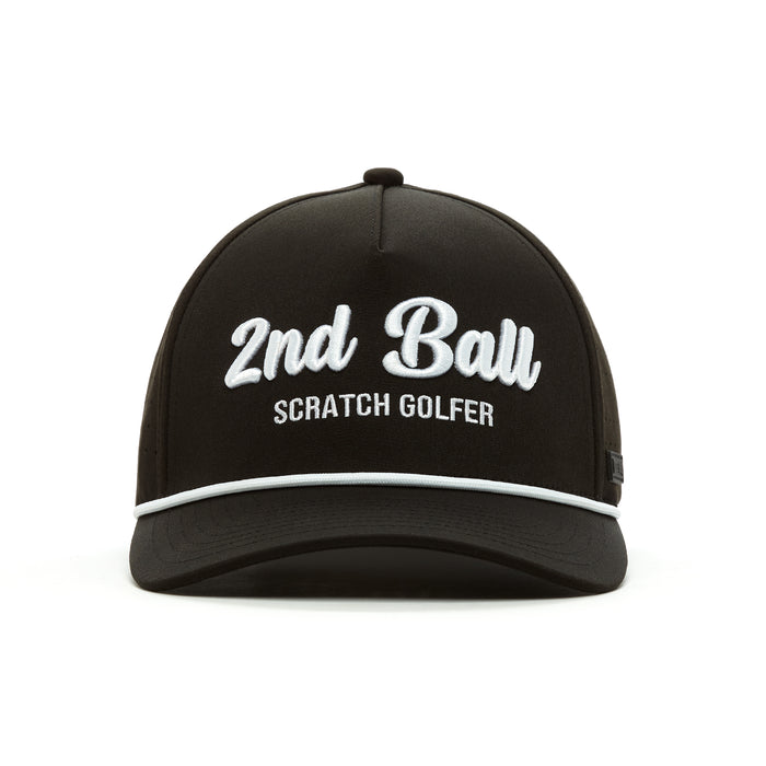 The 2nd Ball Scratch Golfer - Performance Golf Rope Hat is a black snapback with white embroidered “2nd Ball” in cursive, “SCRATCH GOLFER” below, sweat stain resistant fabric, and white piping on the brim. Plain white background.