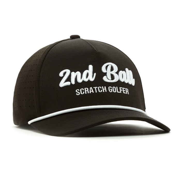 The 2nd Ball Scratch Golfer Performance Golf Rope Hat is a black snapback cap with "SCRATCH GOLFER" white embroidery, made from sweat-resistant material. It features perforated sides, a curved brim with white trim, and a fabric-covered top button.