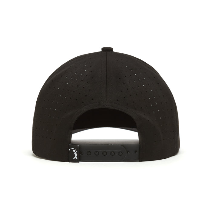 The 2nd Ball Scratch Golfer Performance Golf Rope Hat is a black snapback cap with ventilation holes, an adjustable plastic strap, sweat stain resistant fabric, and a tag featuring a white stick figure swinging a bat.