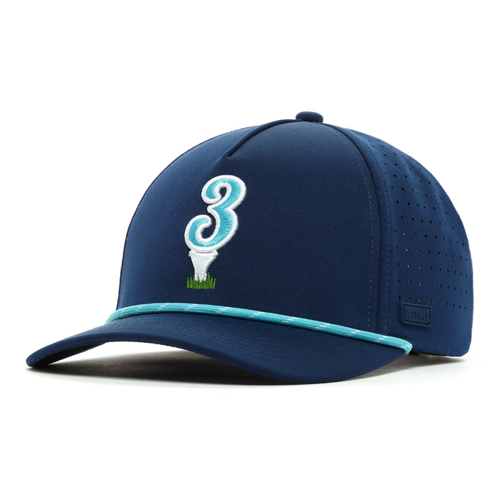 The 3 Off The Tee - Performance Golf Rope Hat is a dark blue snapback featuring a teal-trimmed visor, light blue rope, and an embroidered "3" over a golf tee and green grass on the front. Made from performance material with perforated side panels.