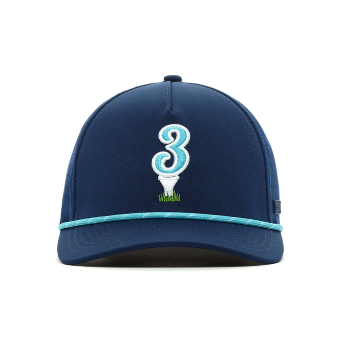 The 3 Off The Tee - Performance Golf Rope Hat - Snapback features a navy blue front view with a large white and teal "3" above a white golf tee on green grass, made from performance material and accented with a teal line on the brim.