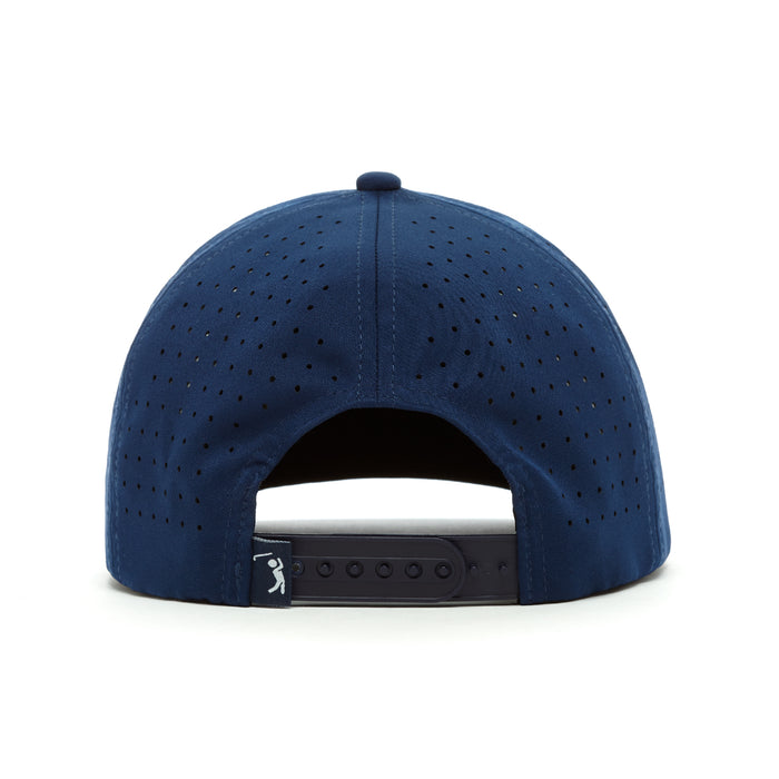 The 3 Off The Tee Performance Golf Rope Hat in navy blue is shown from the back, with ventilation holes on sweat-resistant fabric, an adjustable snapback strap, and a tag featuring a white silhouette swinging a golf club.