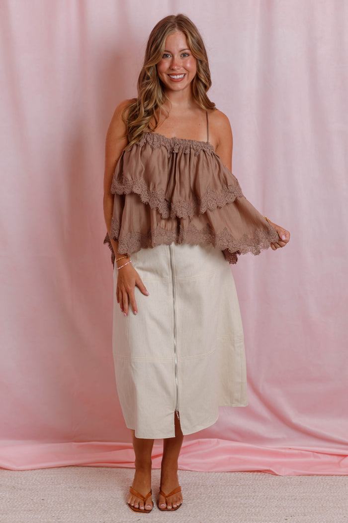 Mocha Lace Tiered Cami Top- Women's Open Back Lace Top- Mable Tops