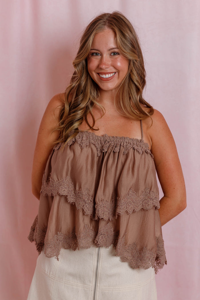 Mocha Lace Tiered Cami Top- Women's Open Back Lace Top- Mable Tops