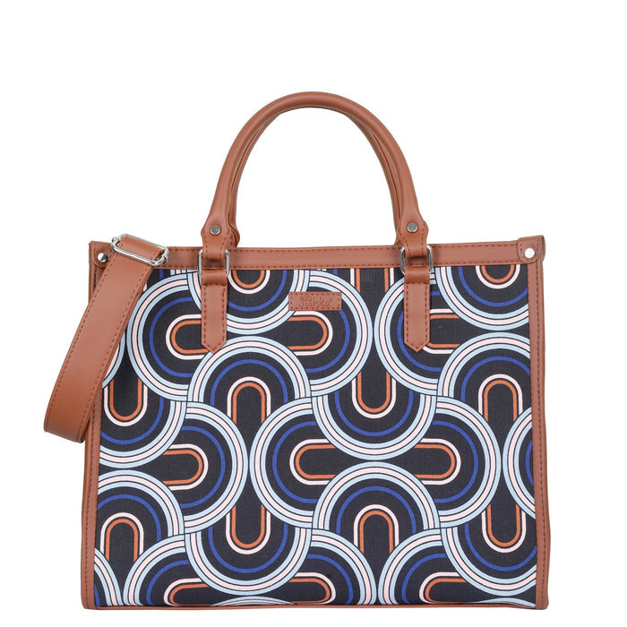 Handcrafted abstract printed canvas top‑handle laptop tote bag with padded laptop compartment and shoulder strap for office, travel and daily use