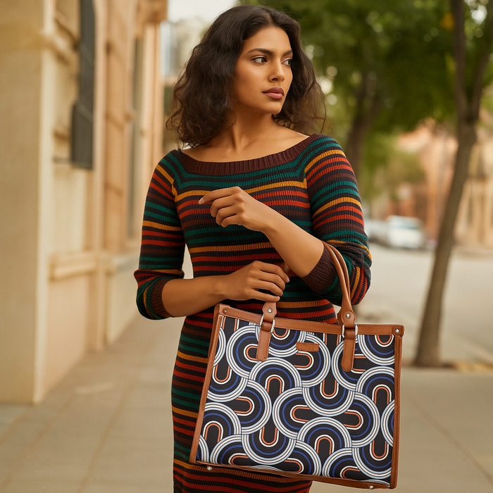 Handcrafted abstract printed canvas top‑handle laptop tote bag with padded laptop compartment and shoulder strap for office, travel and daily use-model image