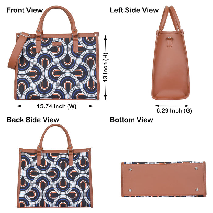 Handcrafted abstract printed canvas top‑handle laptop tote bag with padded laptop compartment and shoulder strap for office, travel and daily use- infographic image