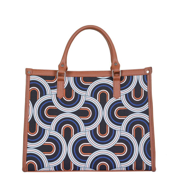 Handcrafted abstract printed canvas top‑handle laptop tote bag with padded laptop compartment and shoulder strap for office, travel and daily use-back image