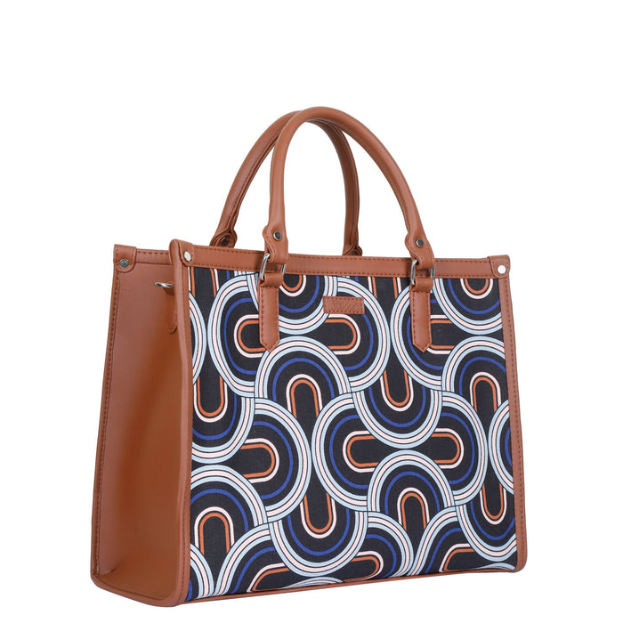 Handcrafted abstract printed canvas top‑handle laptop tote bag with padded laptop compartment and shoulder strap for office, travel and daily use-half side view