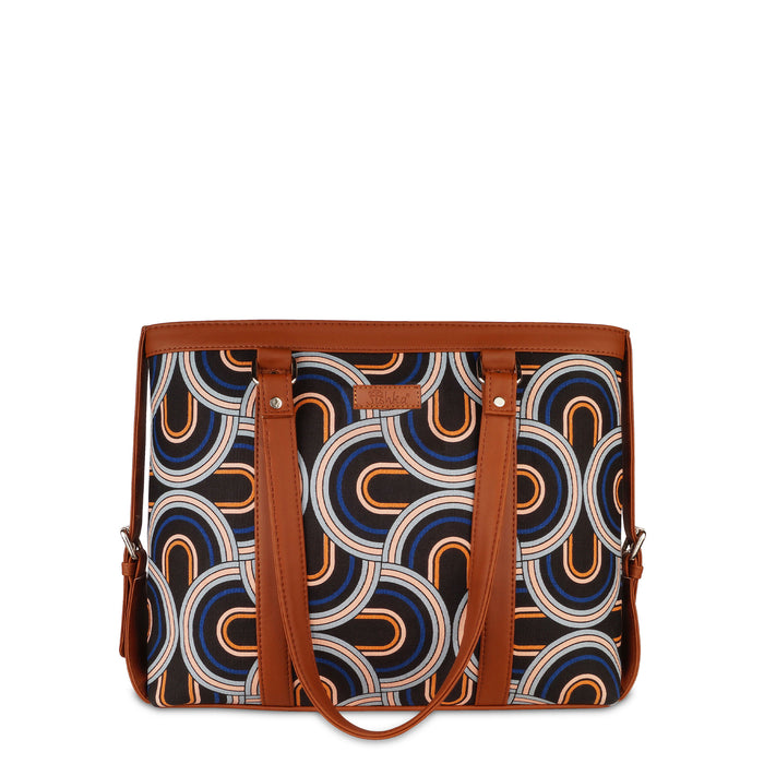 Handcrafted abstract printed canvas laptop tote bag with padded laptop compartment and vegan leather straps for office, travel and daily use