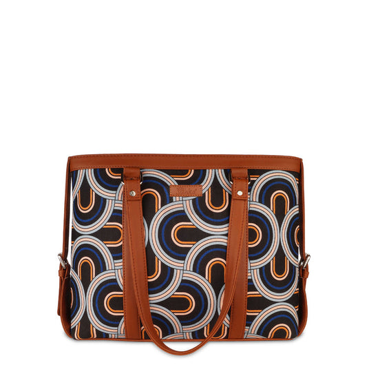 Handcrafted abstract printed canvas laptop tote bag with padded laptop compartment and vegan leather straps for office, travel and daily use