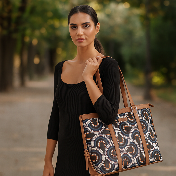 Handcrafted abstract printed canvas laptop tote bag with padded laptop compartment and vegan leather straps for office, travel and daily use-model image