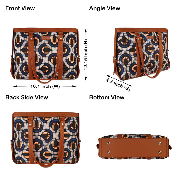 Handcrafted abstract printed canvas laptop tote bag with padded laptop compartment and vegan leather straps for office, travel and daily use-infographic image